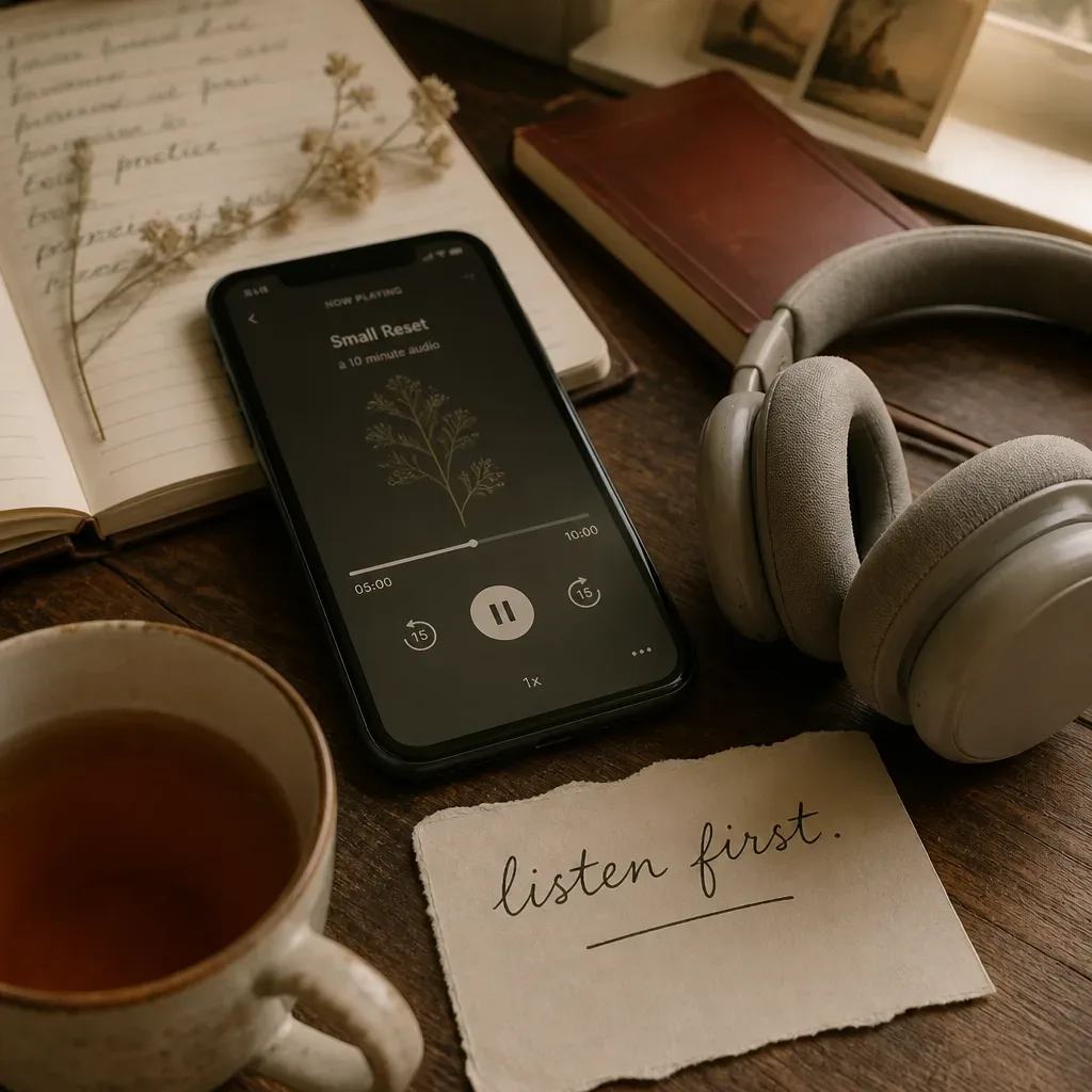 Phone and headphones beside a listen first note