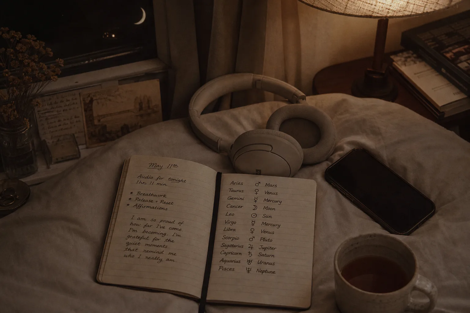 Moonlit desk with zodiac notes and headphones