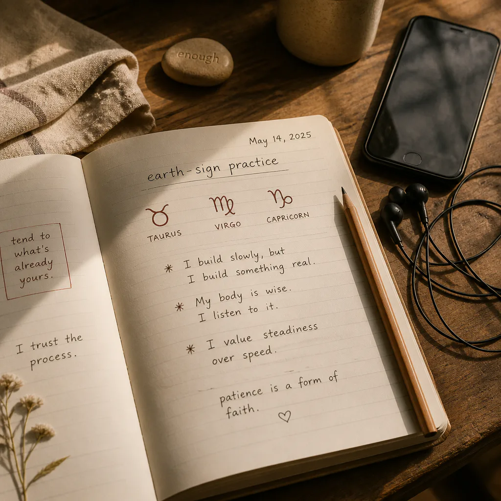 Earth sign notes beside headphones and linen