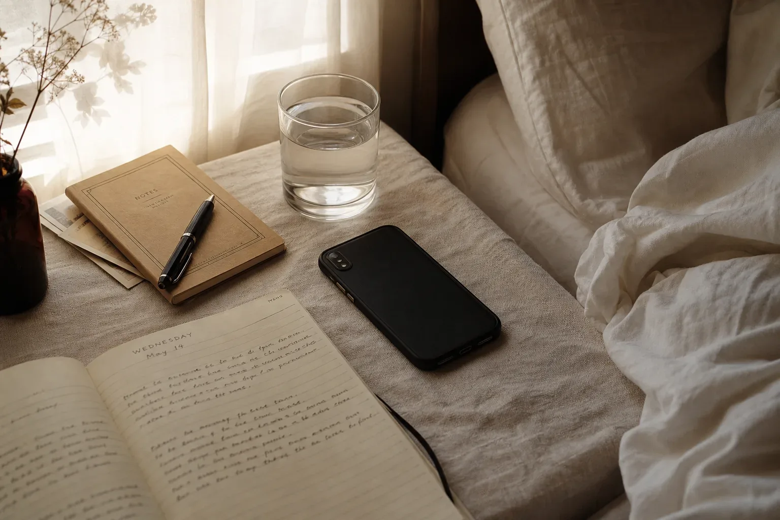 Phone and notebook beside a quiet morning bed