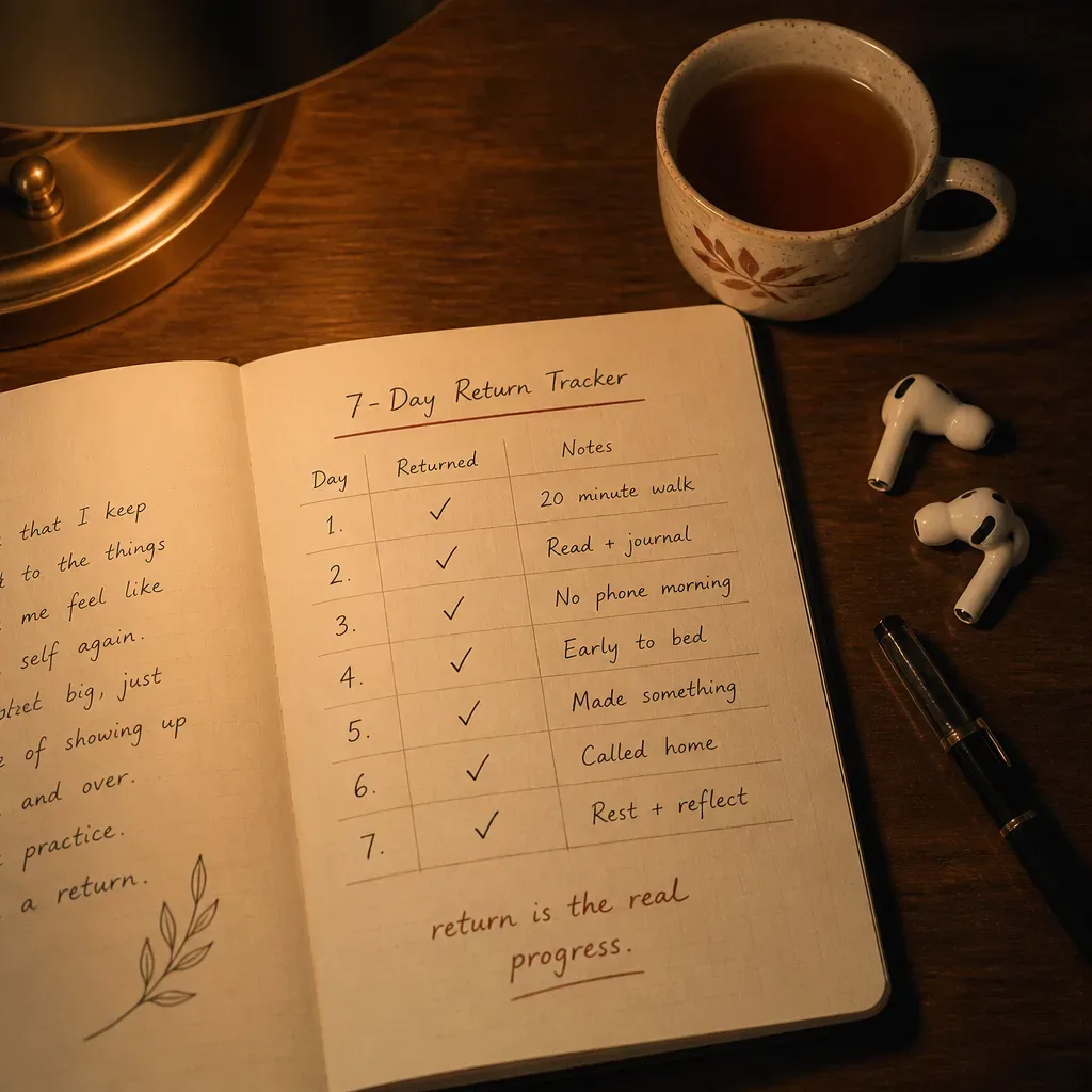 Seven-day practice tracker beside earbuds and tea