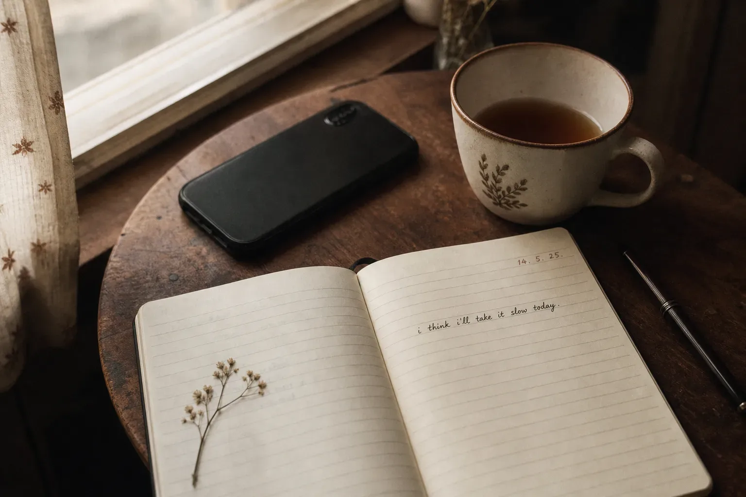 Quiet phone beside tea and morning notebook