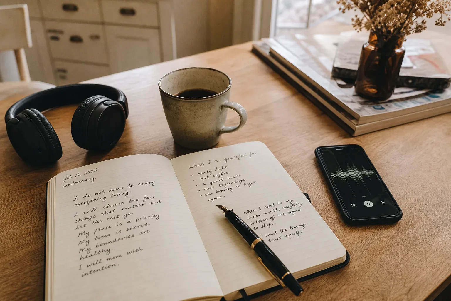 Notebook and headphones beside morning coffee