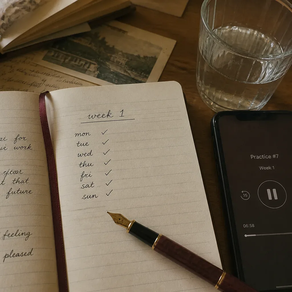 Notebook with seven check marks beside phone