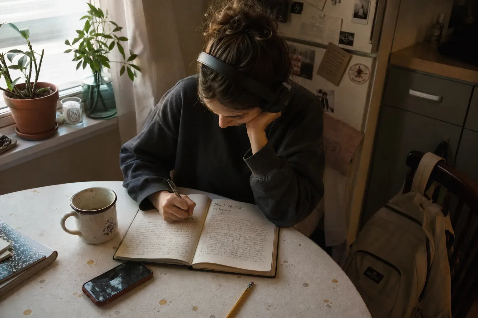 Student listening to audio before morning class