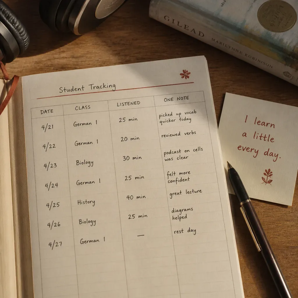 Student practice log with headphones and notes