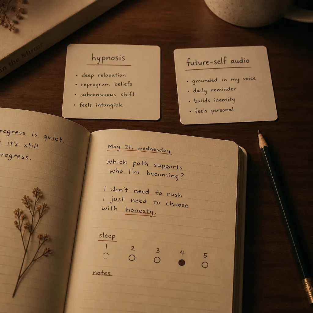 Bedtime audio comparison cards on a quiet desk
