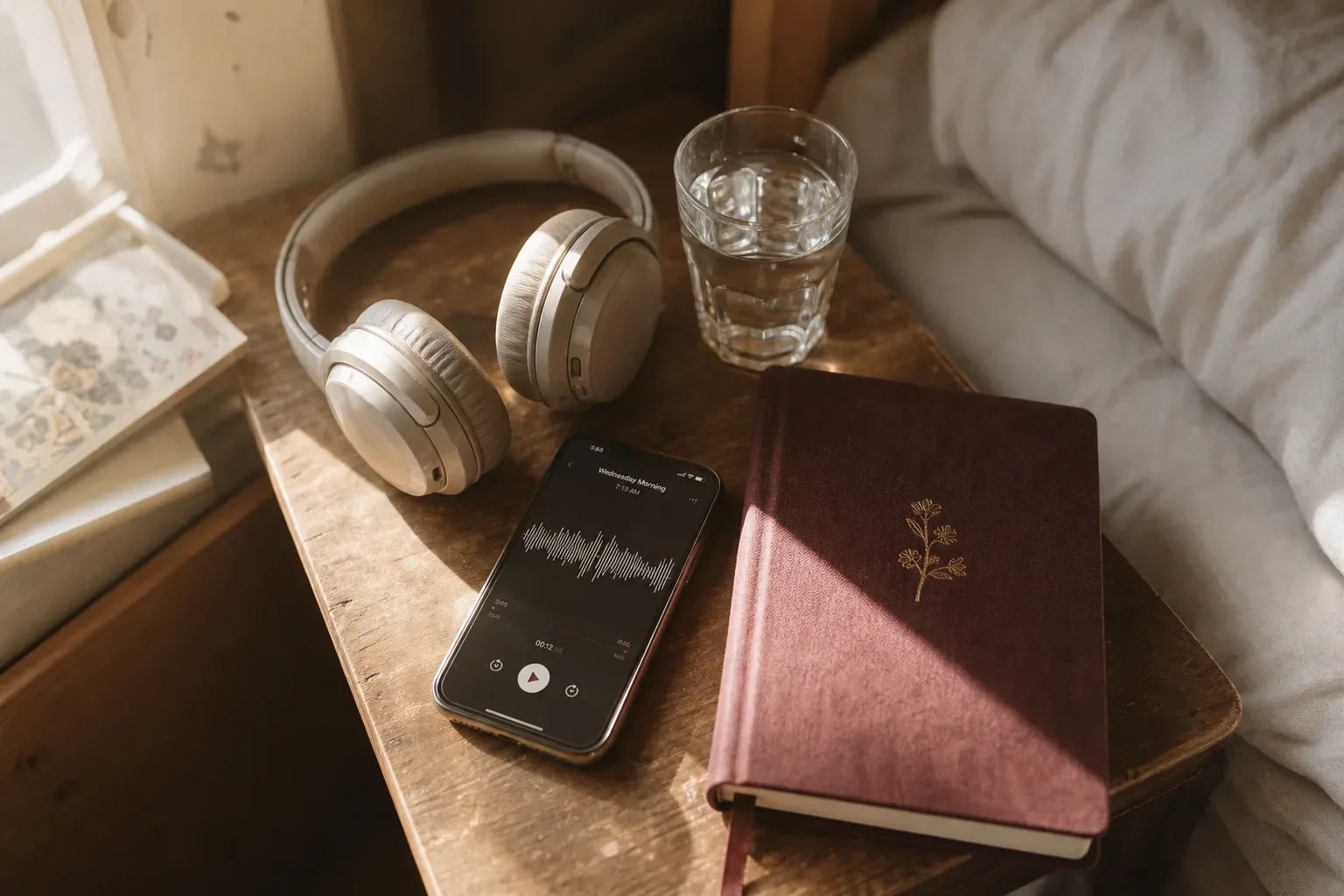 Headphones and journal beside a softly lit phone