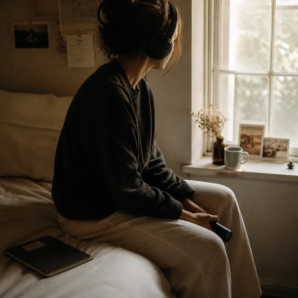 Person listening to future-self audio on bed