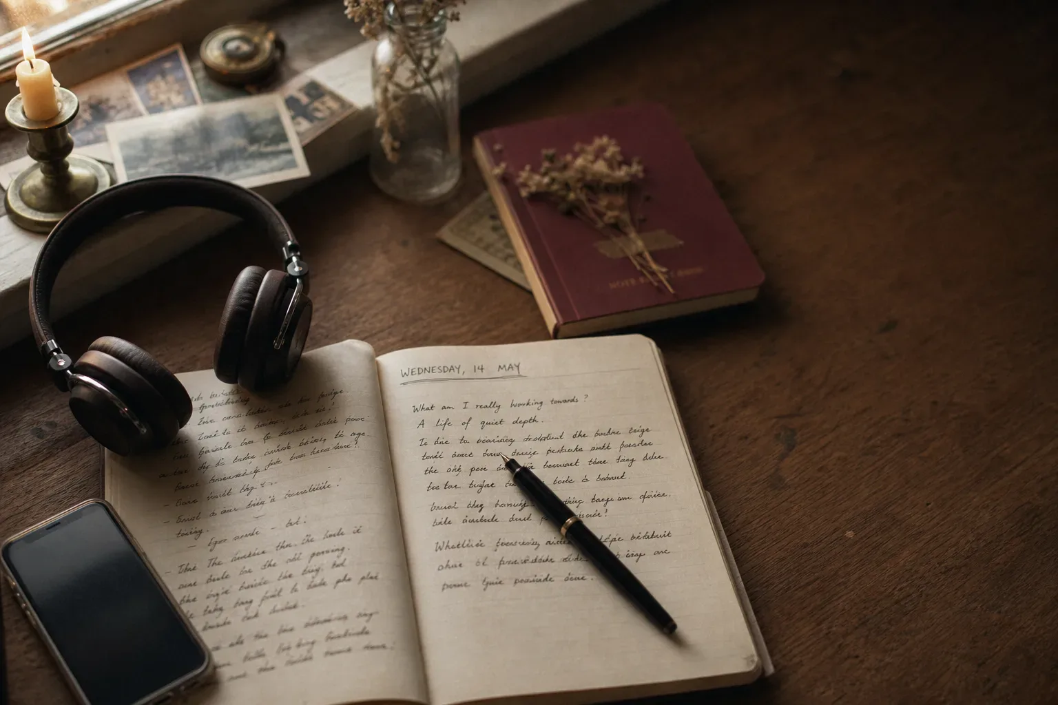 Headphones beside a journal in morning light