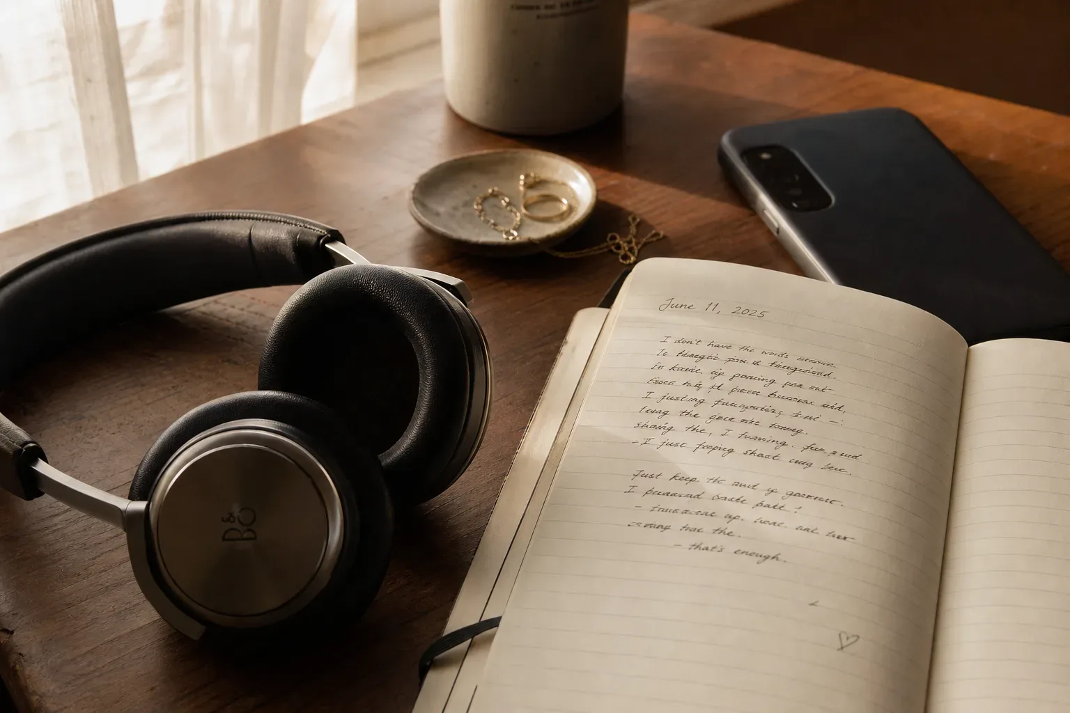 Audífonos junto a una libreta con luz suave de la mañana