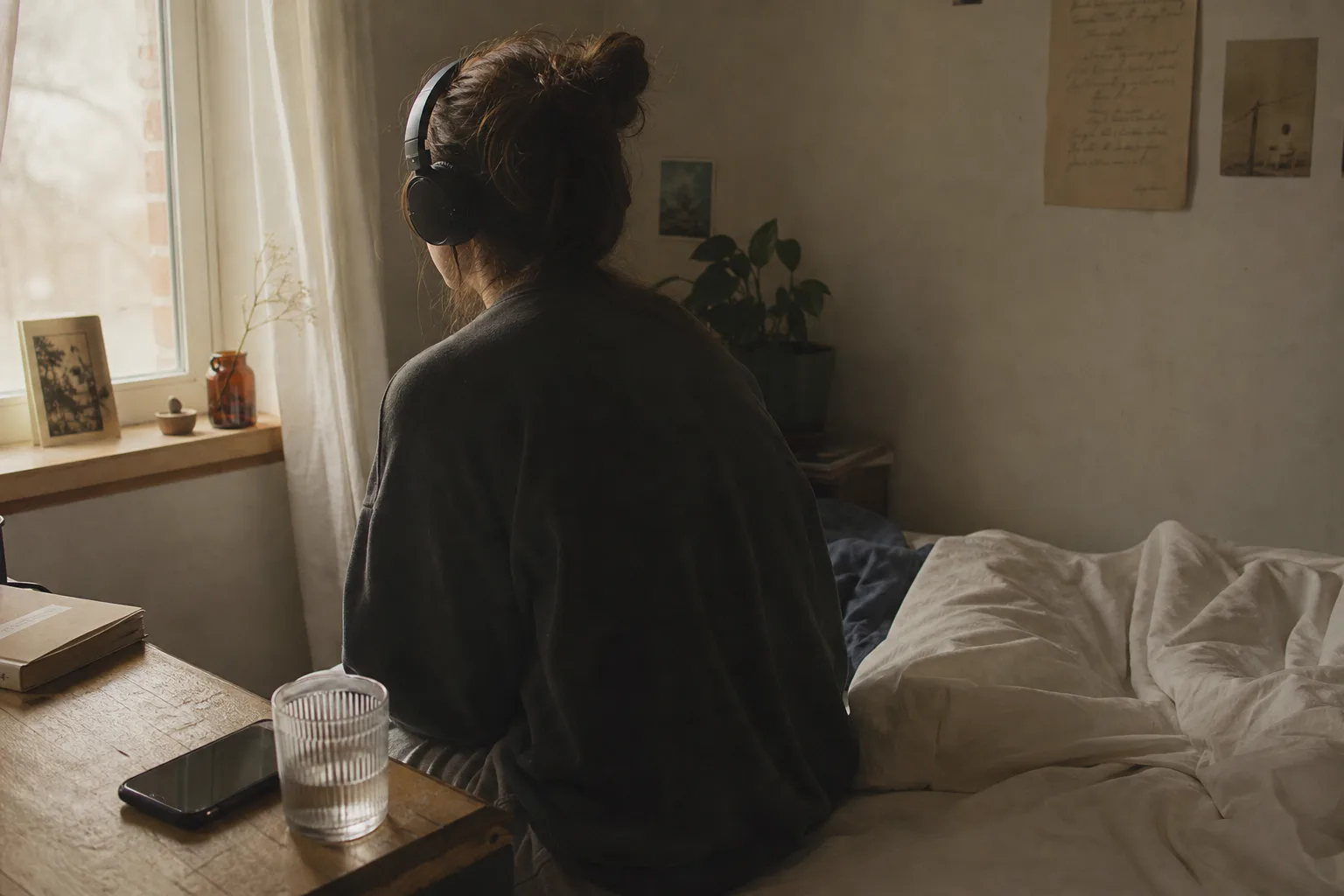 Person listening to audio beside a quiet window