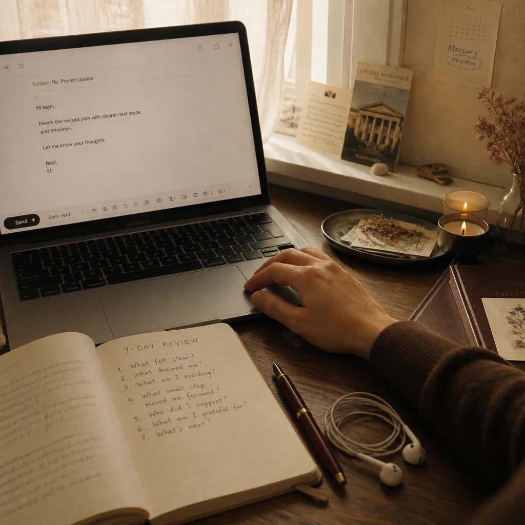 Calm desk with rewritten email and earbuds