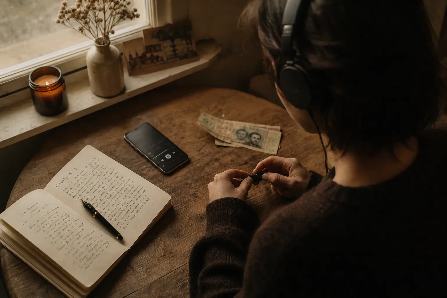 Person listening quietly beside open notebook and bills