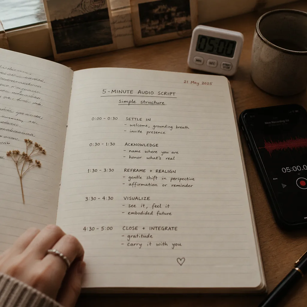 Notebook script beside phone waveform and timer