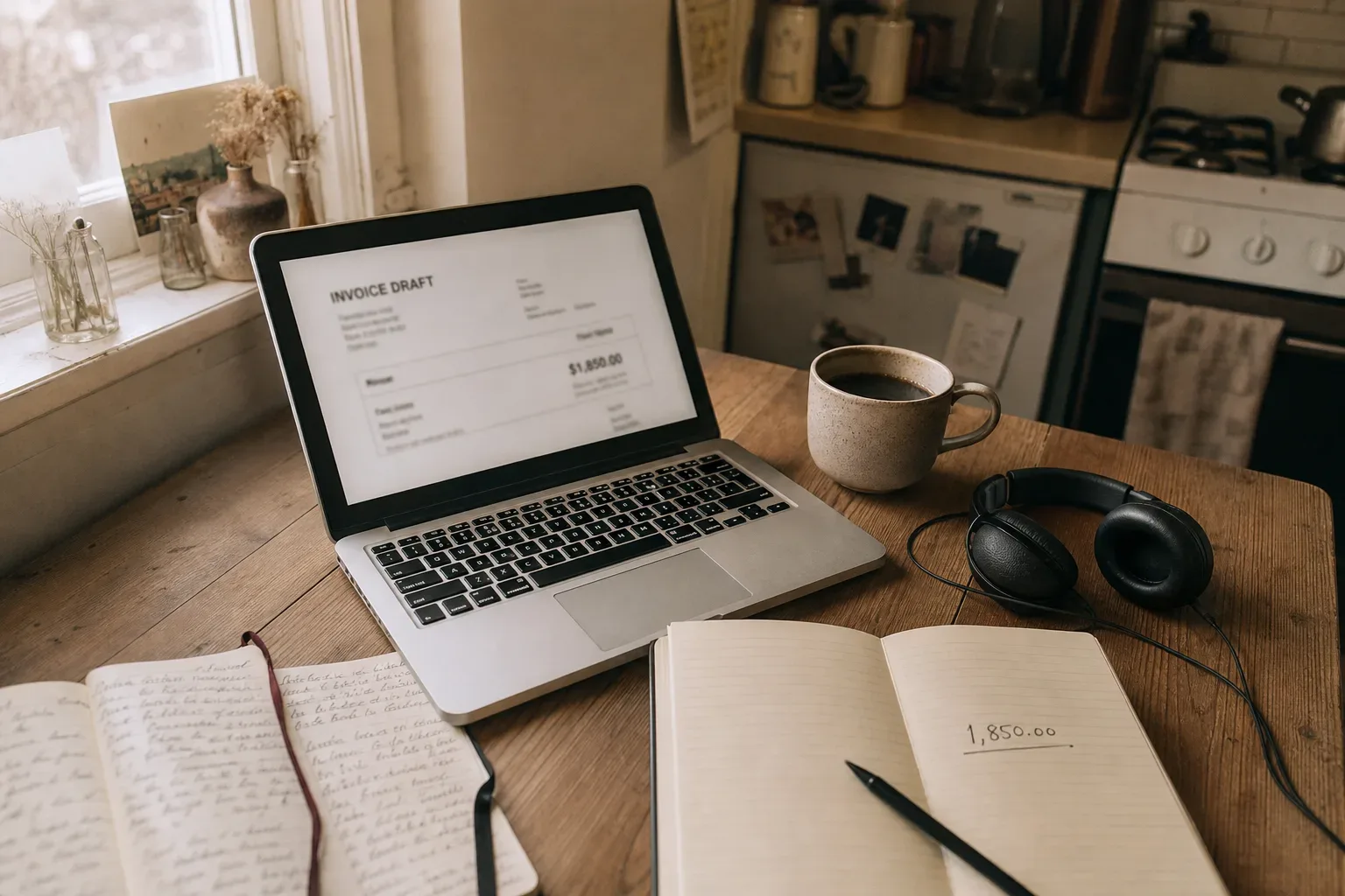 Desk with invoice draft and headphones beside coffee