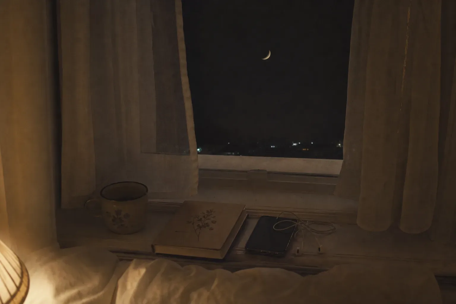 Moonlit phone and notebook beside a window