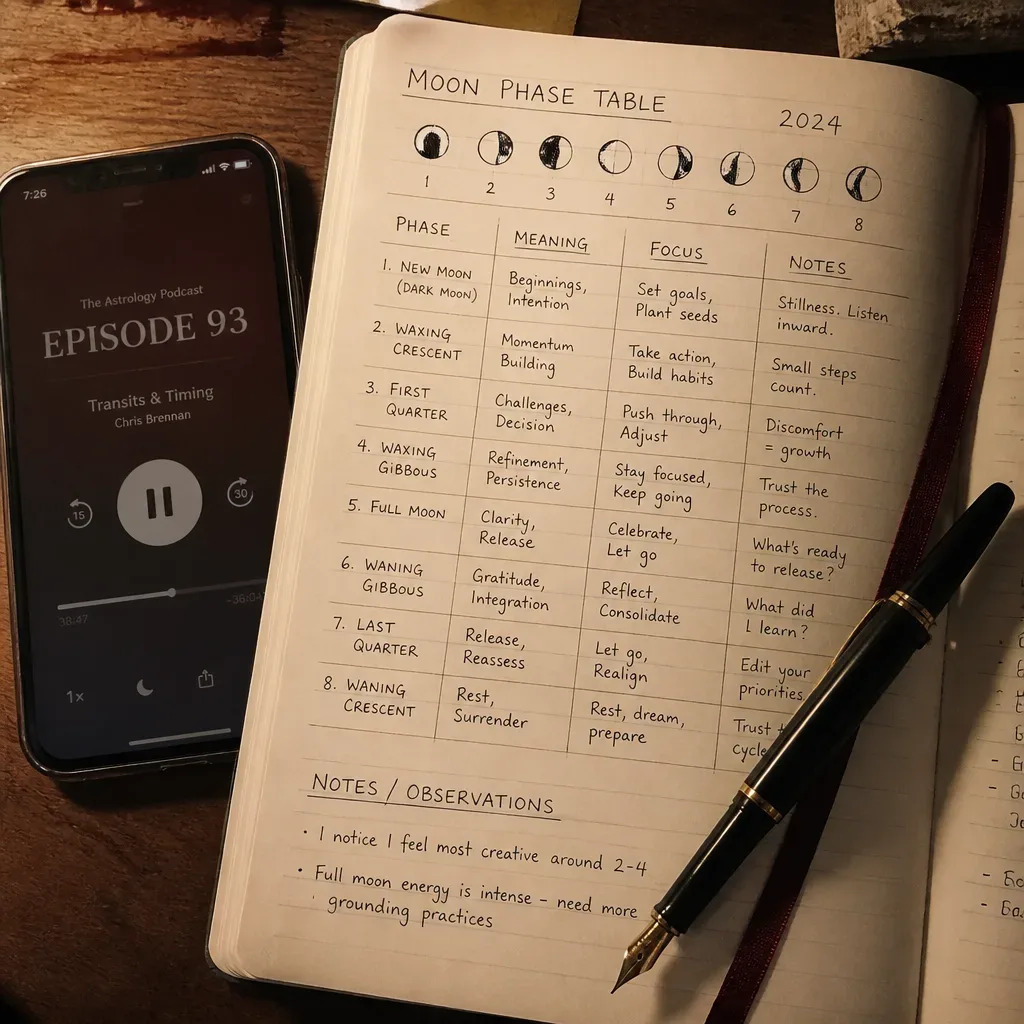 Notebook mapping audio rituals to moon phases