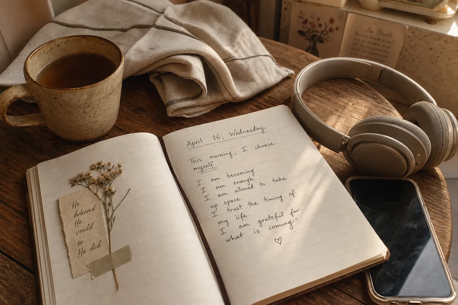 Cuaderno matutino junto a audífonos y té caliente