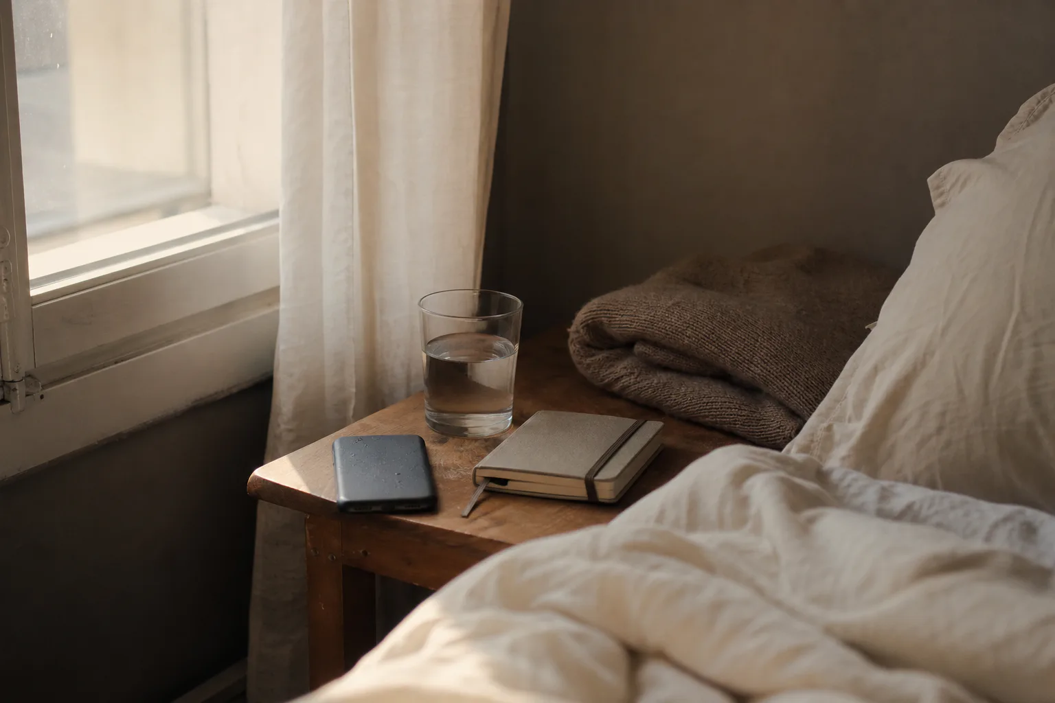 Quiet bedside table in soft morning light