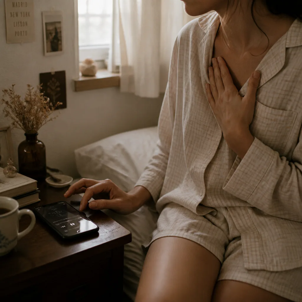 Person listening to morning audio on bedside table