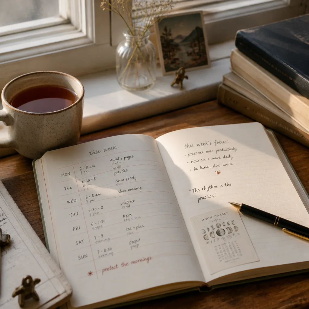 Notebook with moon timing map by window