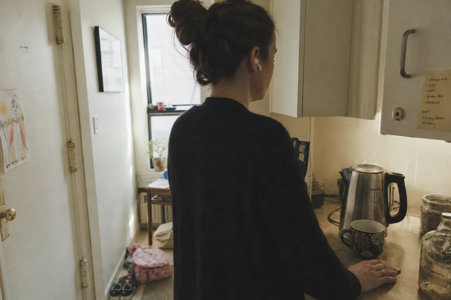 Mother listening quietly beside a morning kettle