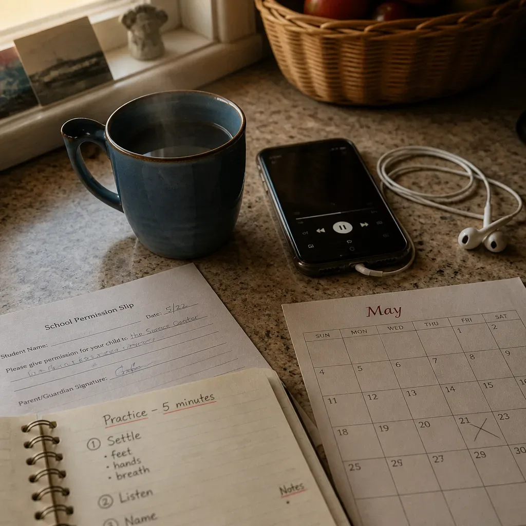 Phone and earbuds beside coffee and school papers