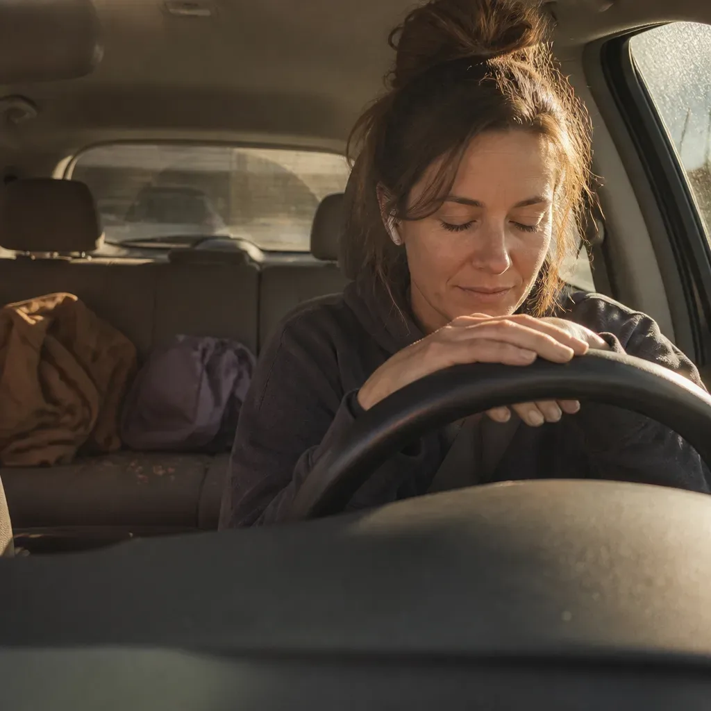 Mother listening in parked car after drop-off