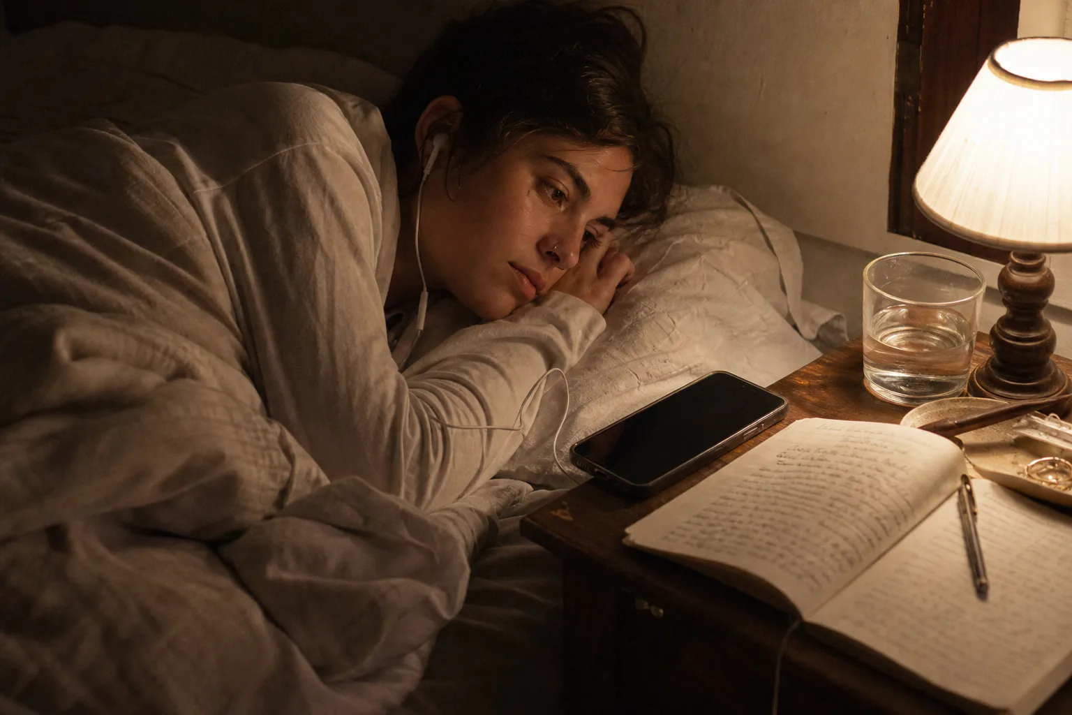 Person listening to quiet audio beside a dim lamp