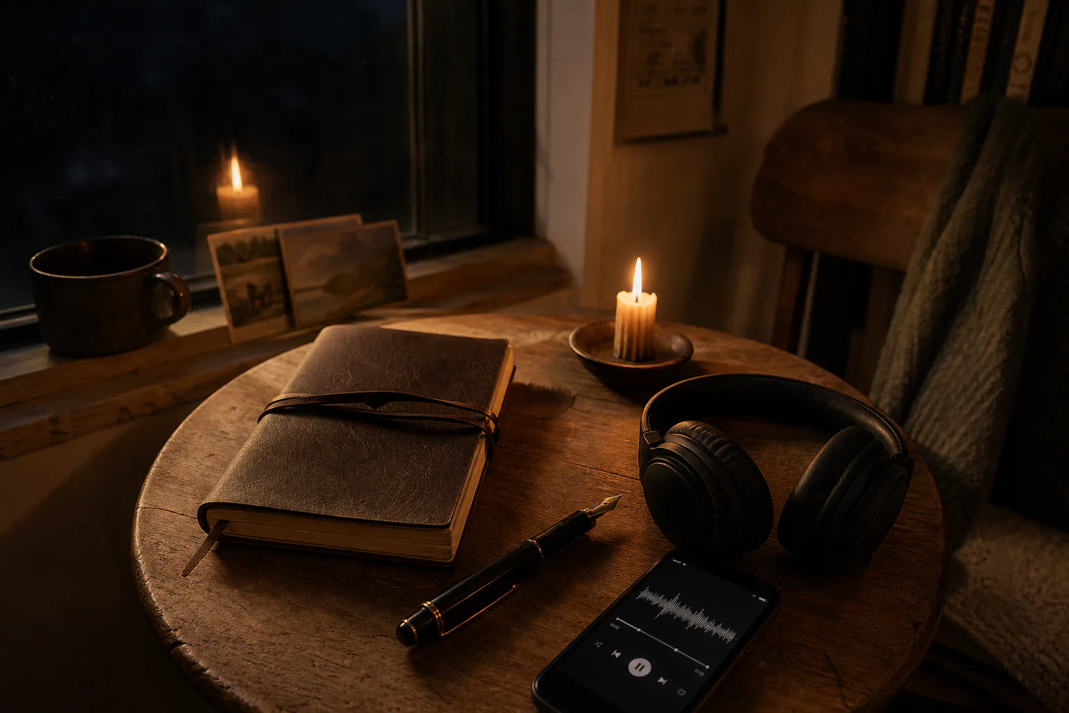 Dark window with candle, journal, and headphones