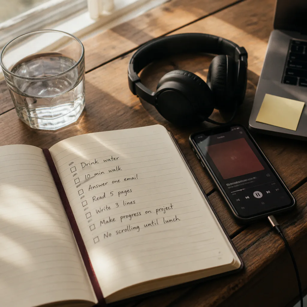 Morning checklist with headphones and glass of water