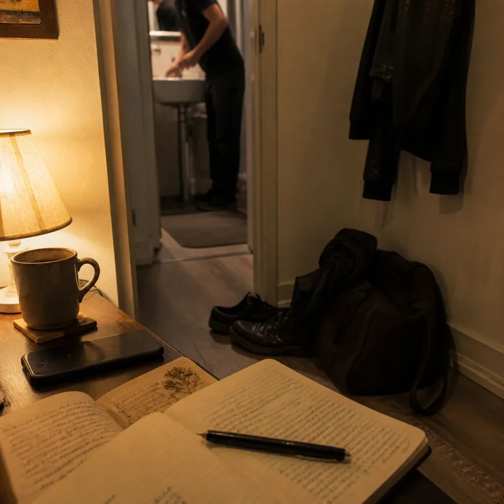 Nachtschicht-Eingangsbereich mit Schuhen, Tasche und niedriger Lampe