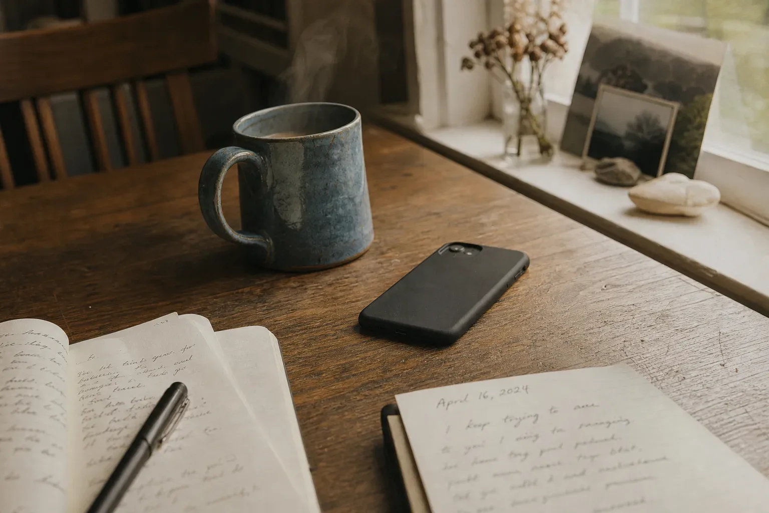 Handy mit dem Display nach unten neben Morgenkaffee