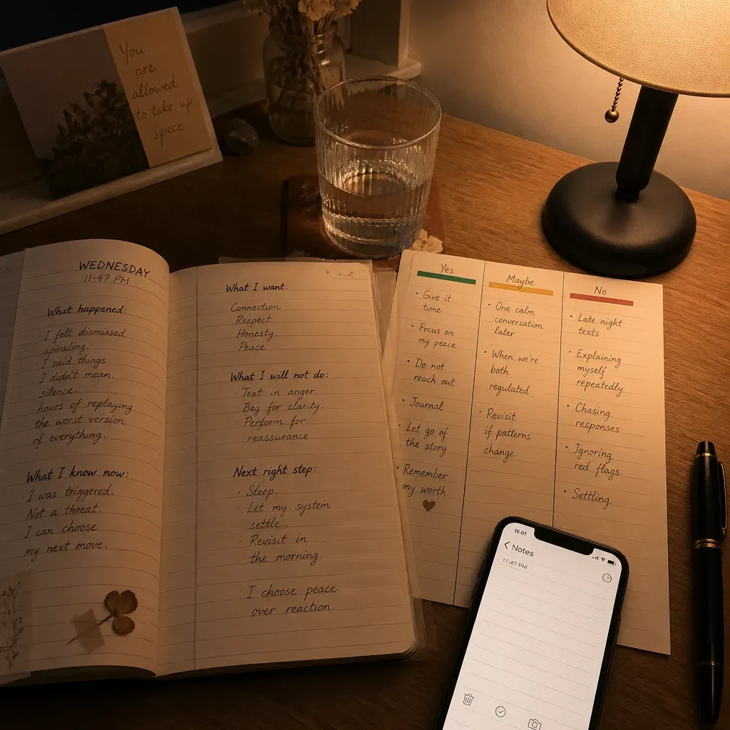 Entworfene Nachricht neben einer Checkliste am Bett