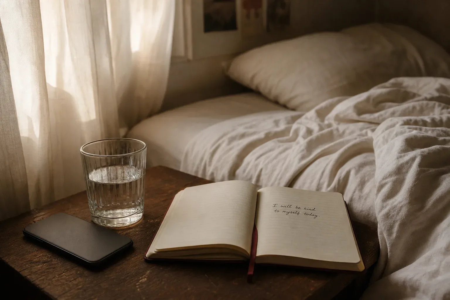 Quiet bedside table with phone turned face down