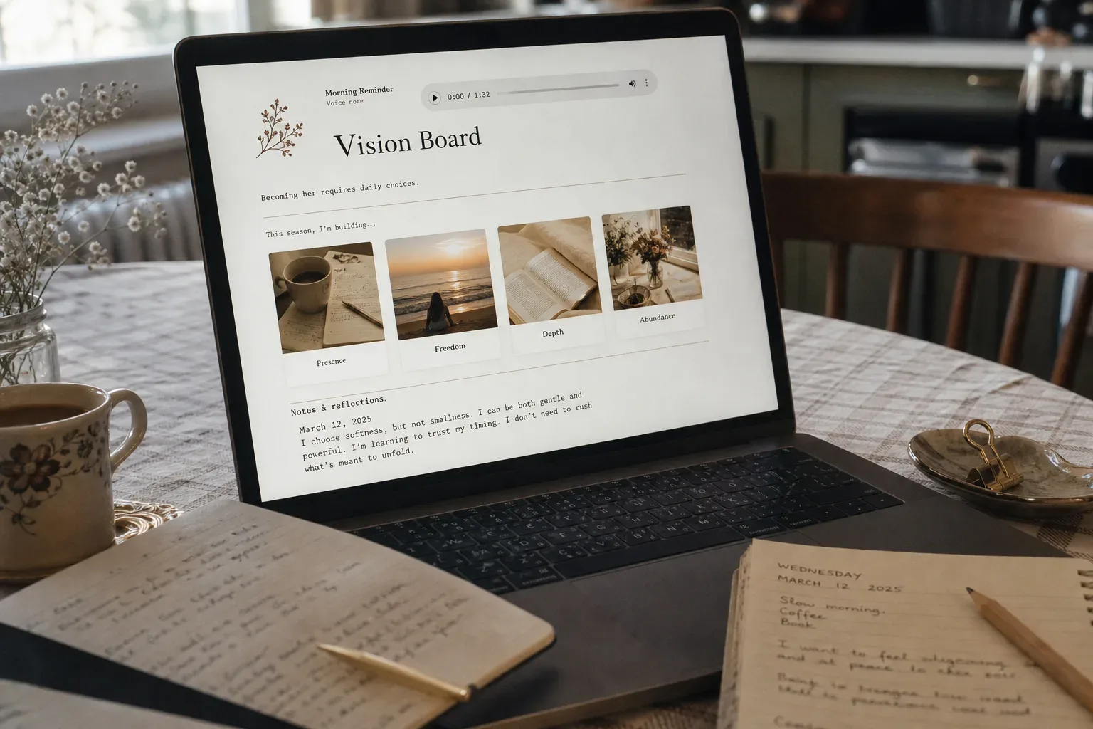 Laptop mit einem ruhigen Notion-Vision-Board