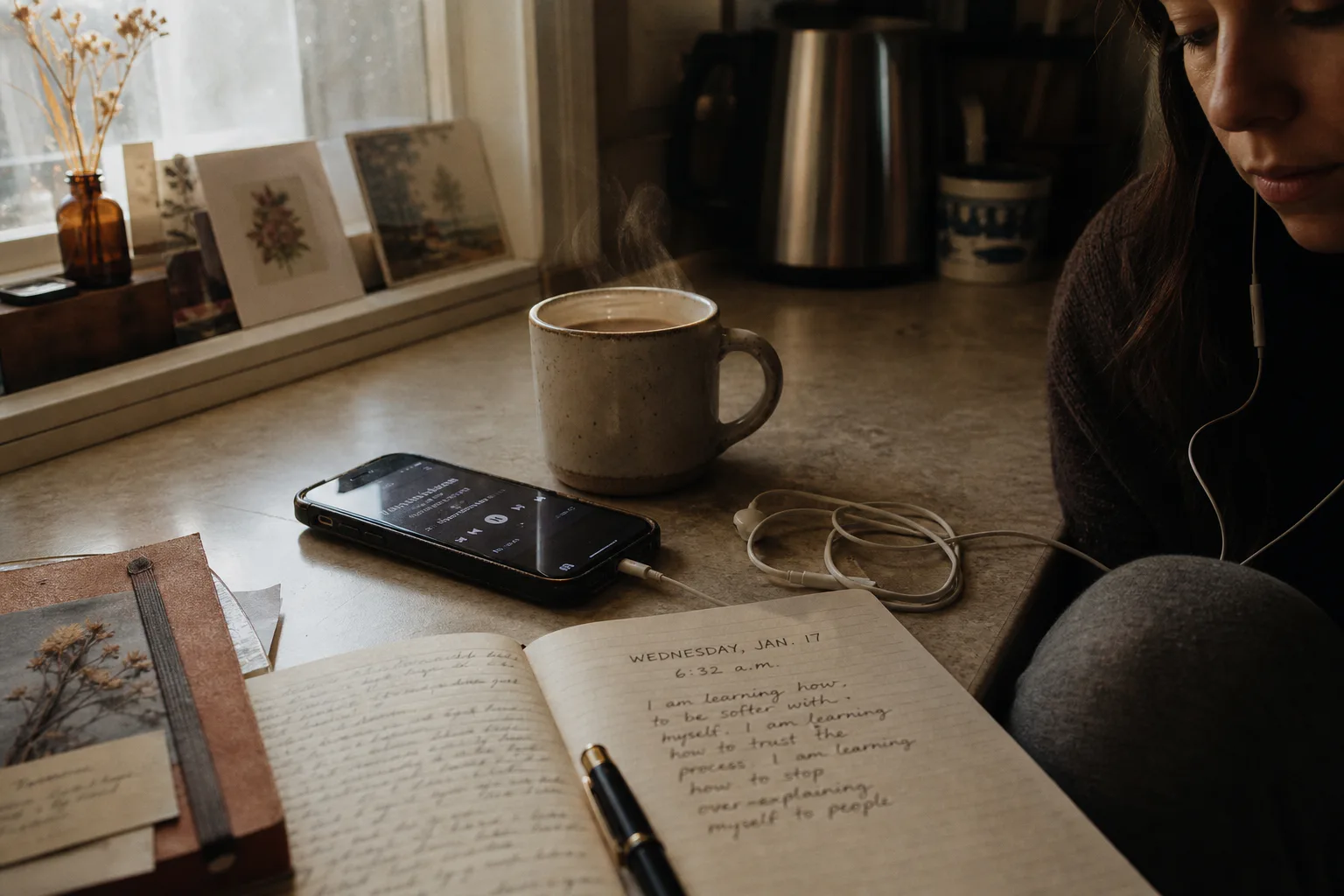 Woman listening quietly beside a morning window