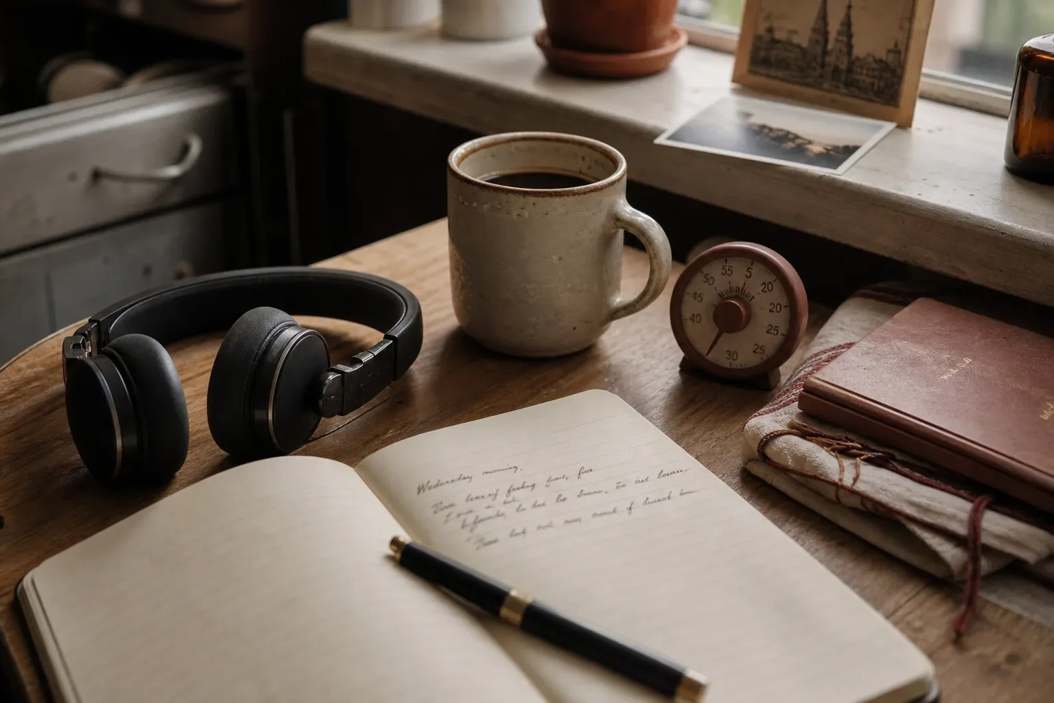 Morning desk with headphones and unfinished notebook