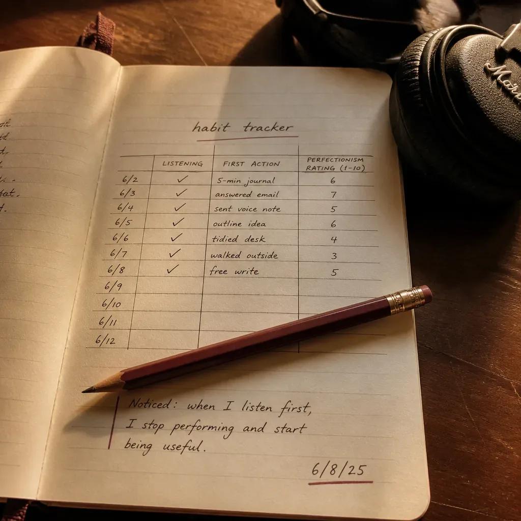 Handwritten tracker beside headphones and pencil