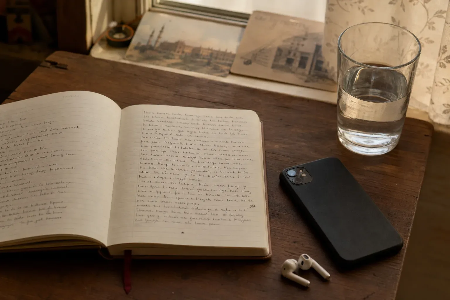 Phone beside notebook in soft morning light