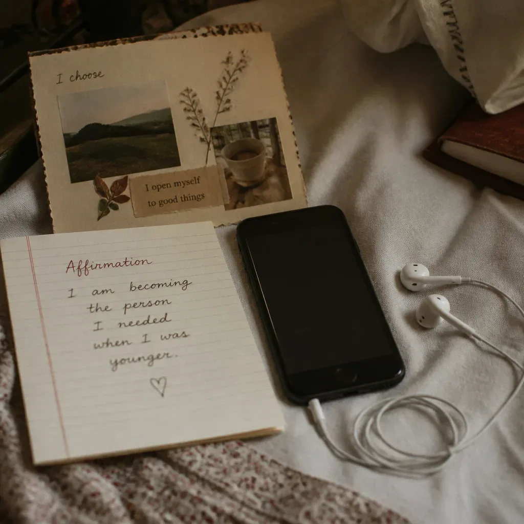 Audio practice beside affirmation card and vision board