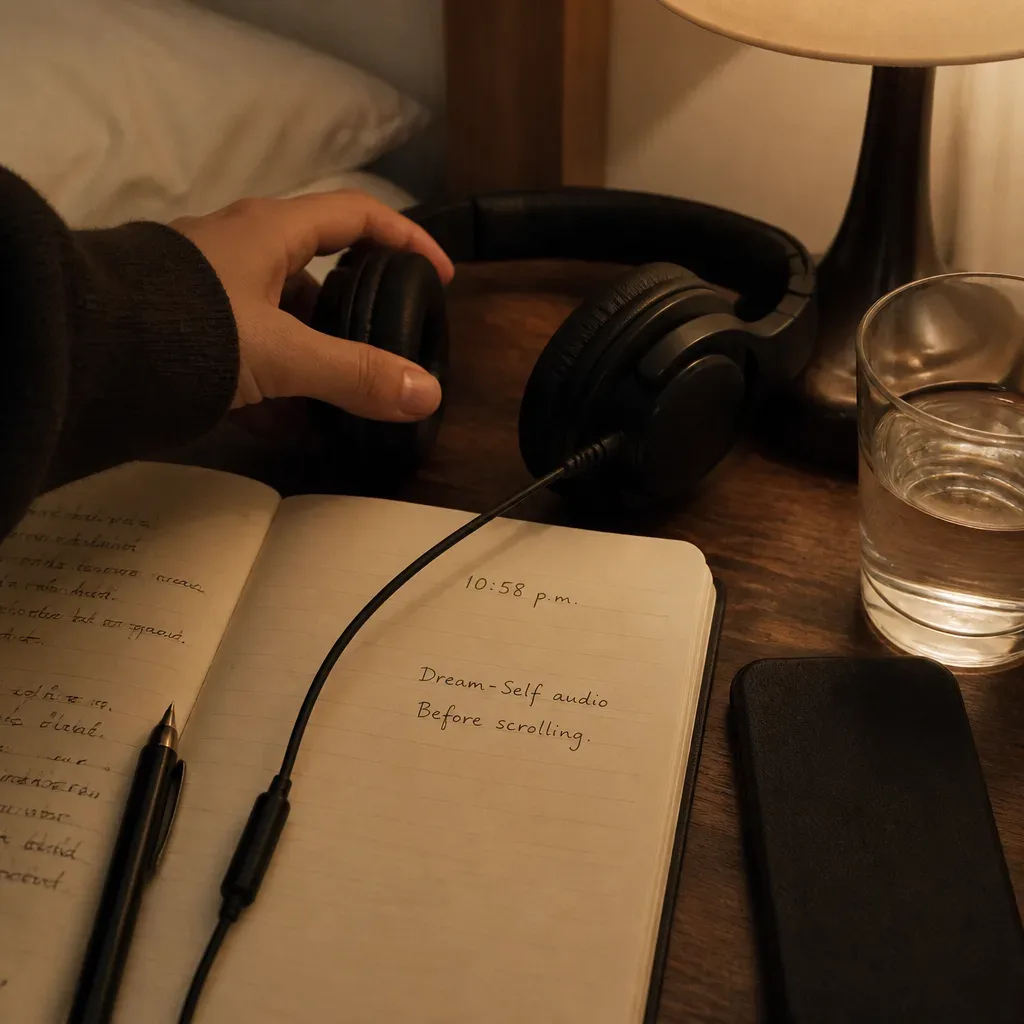 Headphones and notebook beside a face-down phone