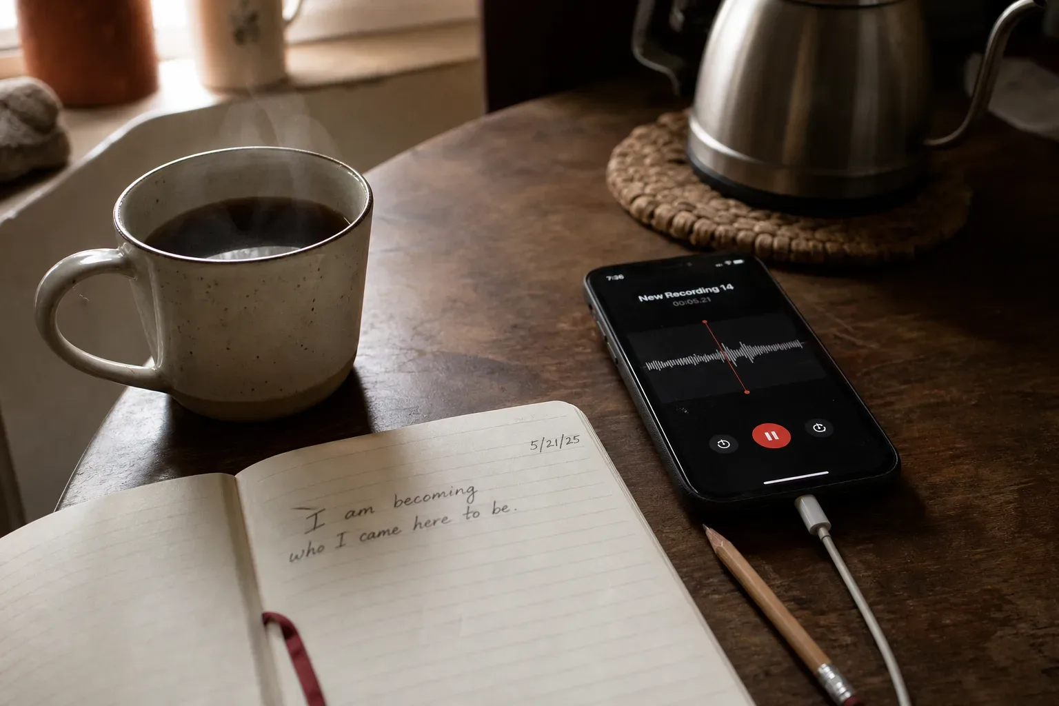 Ponsel merekam afirmasi di samping kopi dan buku catatan