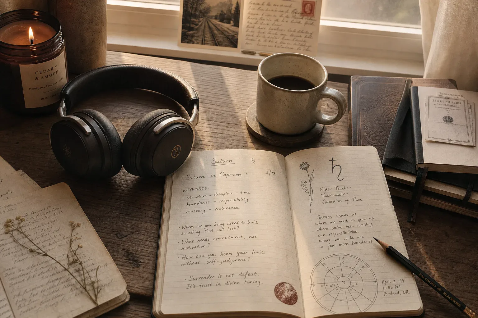 Quiet desk with headphones and an open astrology journal
