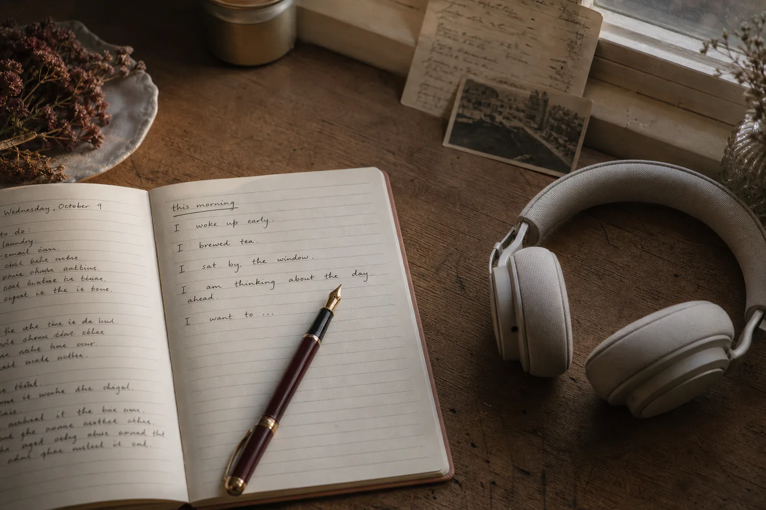 Open notebook beside headphones in morning light