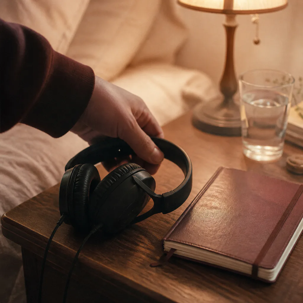Headphones placed beside a closed journal