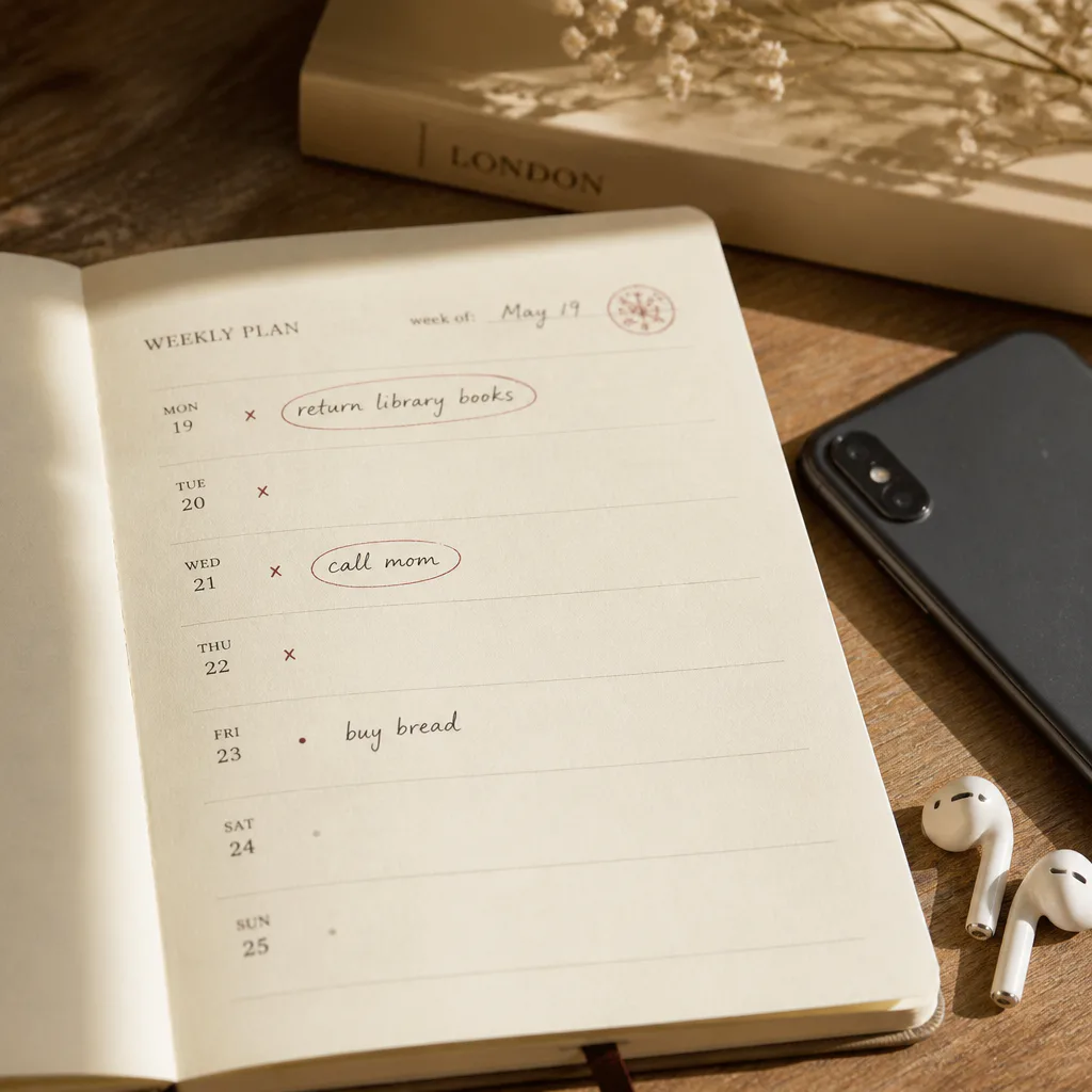 Weekly notes with circled future-self lines