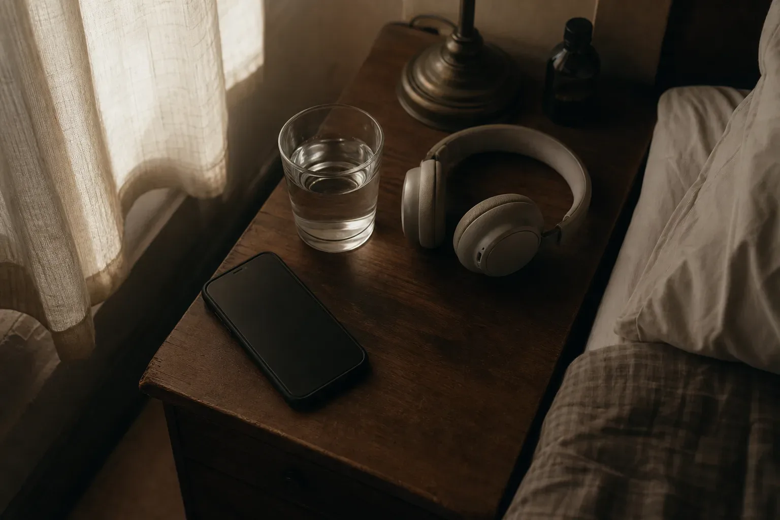 Phone beside headphones on a quiet bedside table