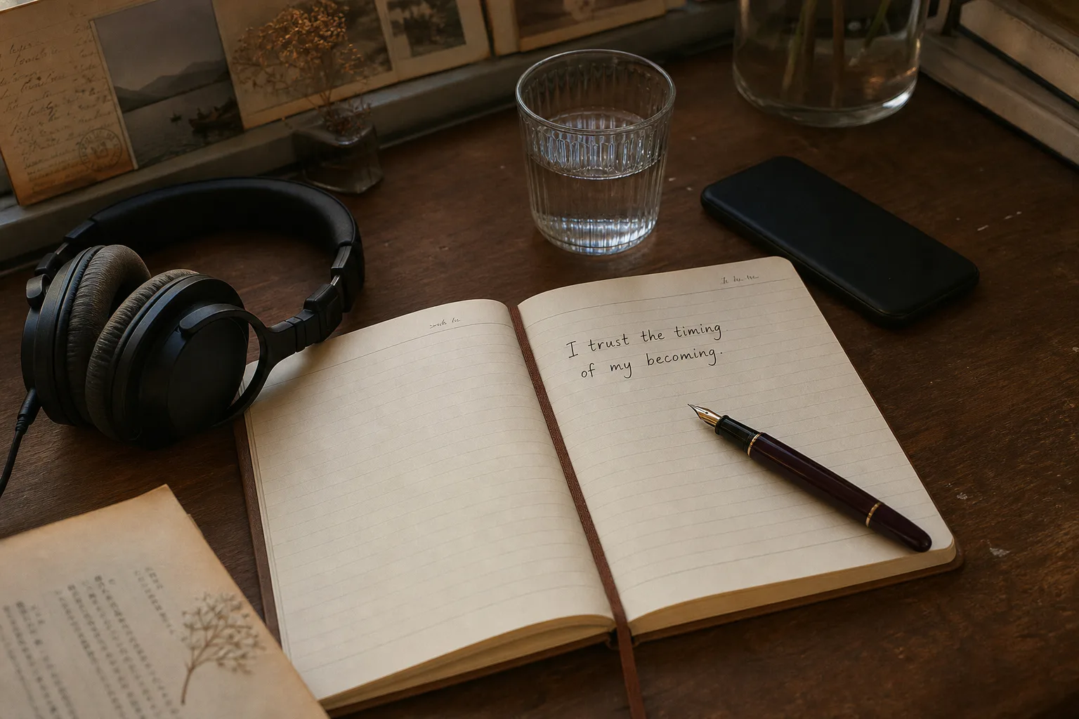 Quiet notebook beside headphones in morning light
